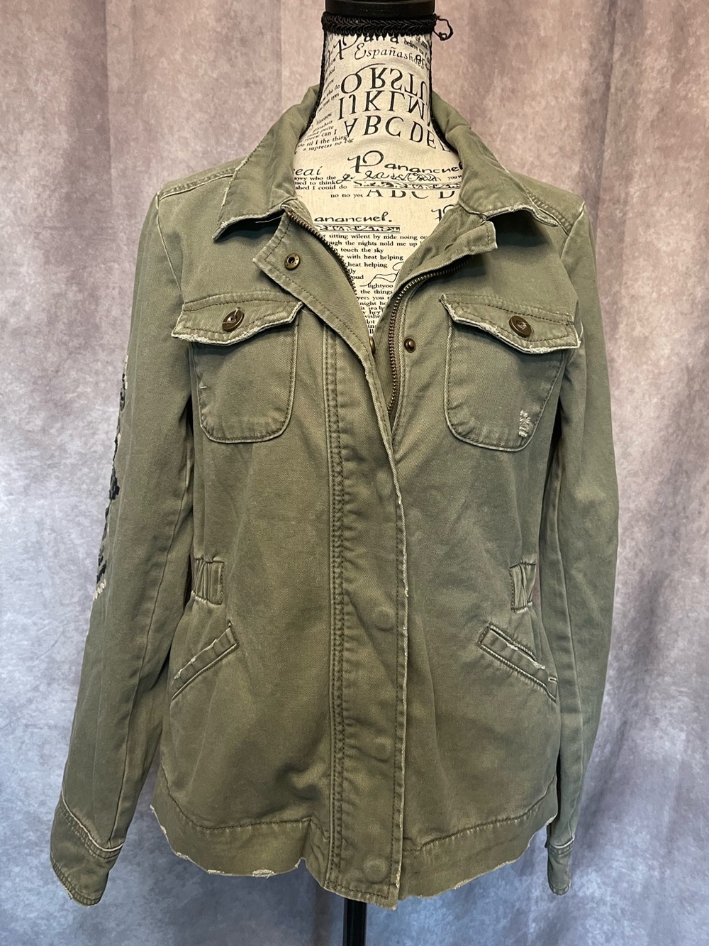 Maurices Olive Green Utility Jacket with Front Pockets Distressed Embroidered S